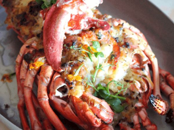 A cooked lobster topped with herbs and other garnishes on a plate.